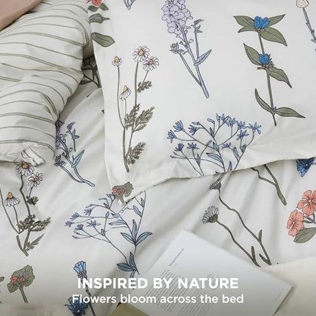 Bedsure Twin/Twin XL Comforter Set - Twin Extra Long Comforter Set, Cute Floral Dorm Bedding, 2 Pieces, 1 Soft Reversible Coconut White Botanical Flowers Comforter and 1 Pillow Sham Bedsure