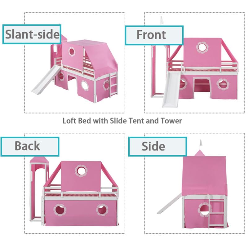 Polibi Twin Size Castle Loft Bed with Slide & Pink Tent and Tower, Playhouse Design Spacious Under Bed Space with Curtains, Wood Tent Bed Frame for Kids Boys Girls