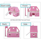 Polibi Twin Size Castle Loft Bed with Slide & Pink Tent and Tower, Playhouse Design Spacious Under Bed Space with Curtains, Wood Tent Bed Frame for Kids Boys Girls Polibi