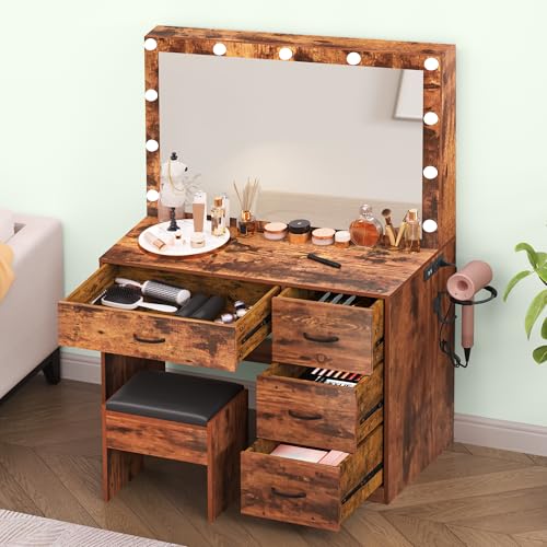 DWVO Vanity Desk with Stool, 4 Drawers, Lighted Makeup Desk with Large Mirror, 3 Color Modes, Outlets & USB Ports DWVO