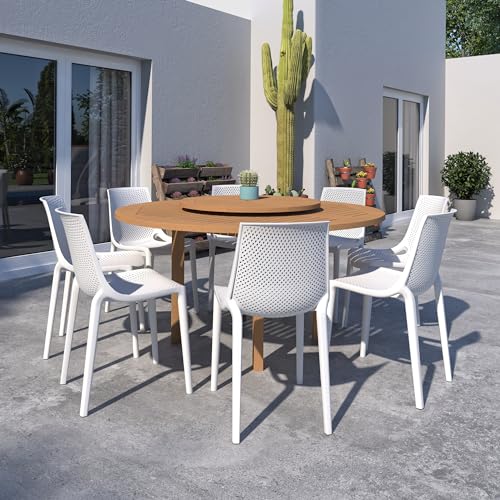 Urban Elements Melbourne 9-Piece Round Patio Furniture Set | Teak Finish 100% FSC Eucalyptus Wood | Backyard Furniture, Outside Table and Chairs, Outdoor Dining Set, White Urban Elements