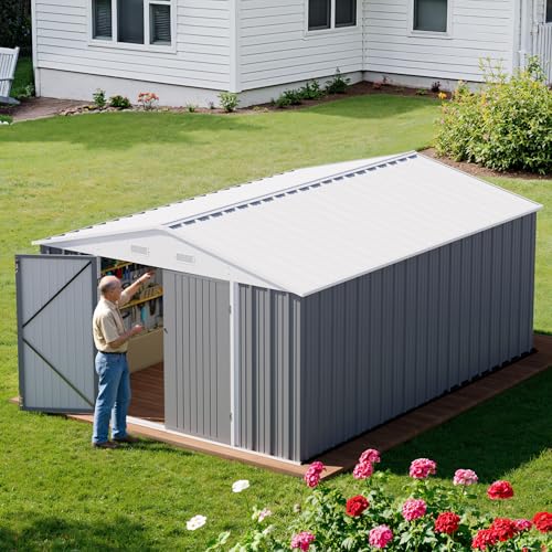 Greesum 10×14 FT Outdoor Storage Shed, Metal Storaged Sheds Without Floor, Tool Sheds with Lockable Doors and Sloping Roof for Garden, Patio, Backyard, Gray Greesum