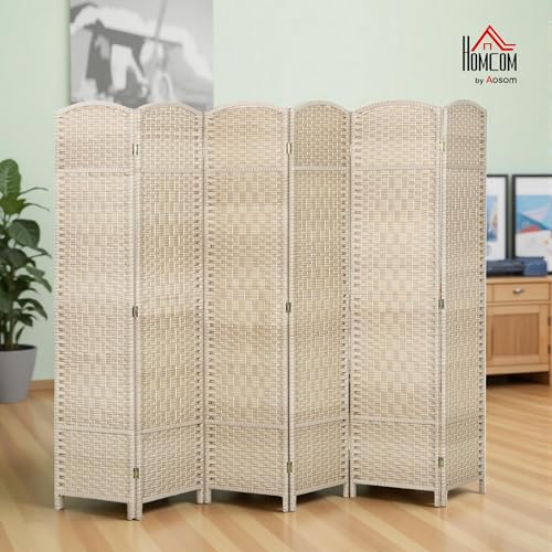 HOMCOM 6 Panel Room Divider, 6' Tall Folding Privacy Screen, Woven Freestanding Wall Partition for Home Office, Bedroom, Washed Oak HOMCOM