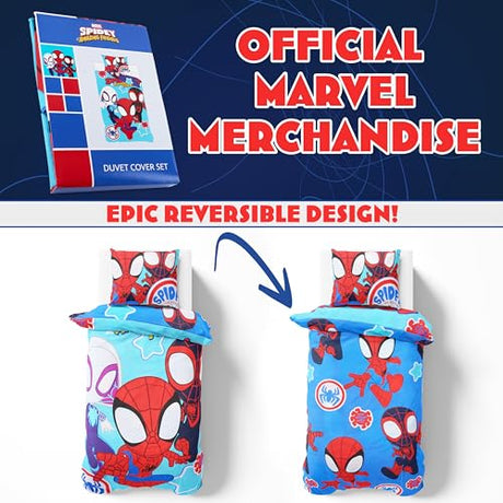 Marvel Spiderman Duvet Cover and Pillowcase Set for Single Bedding, Bedroom Accessories for Kids Teens (Blue Spidey) Marvel