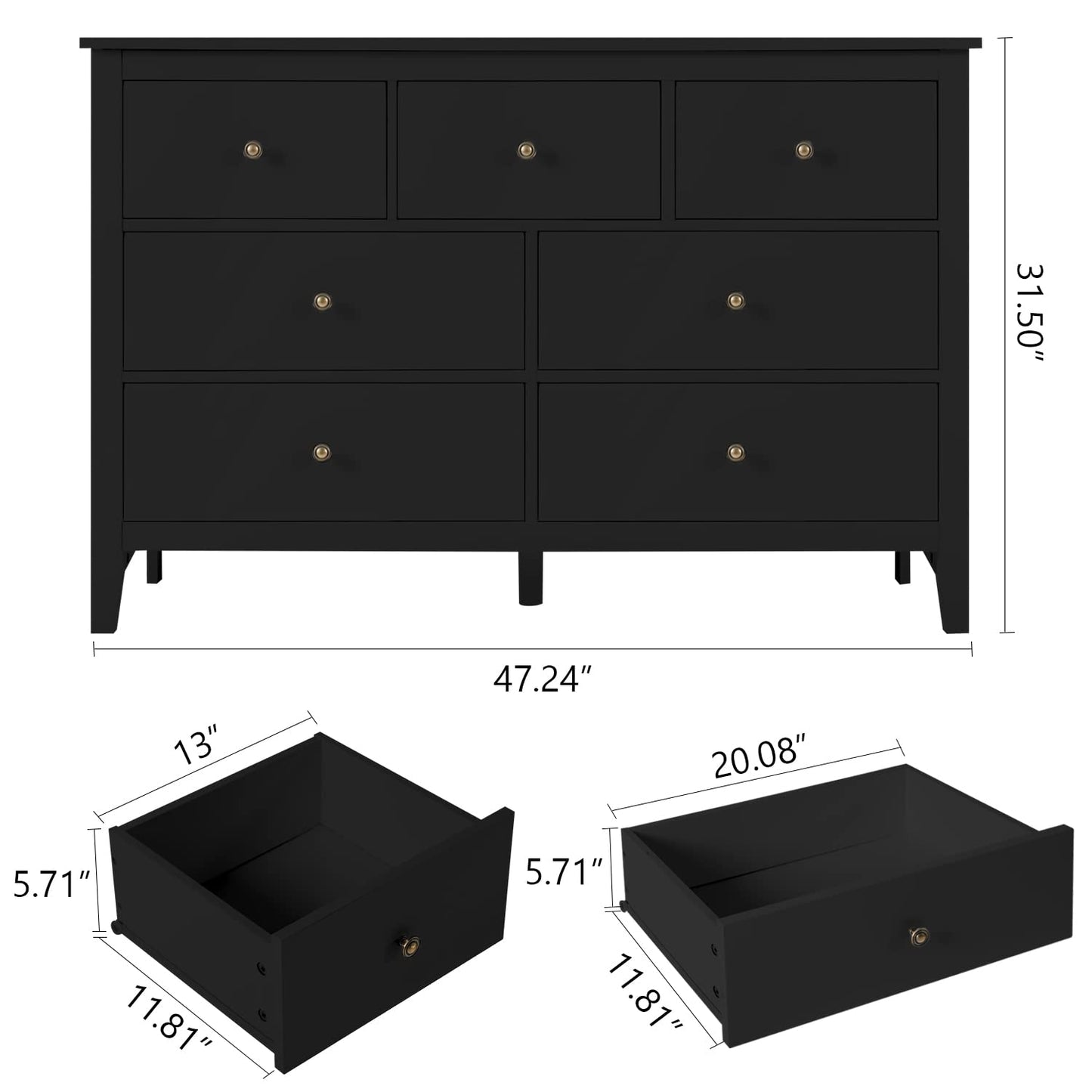 LTMEUTY Black Dresser for Bedroom - Modern Bedroom Dresser with 7 Drawers, Wooden Horizontal Dresser, Chest of Dresser