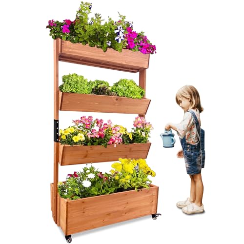 ScienGarden Wooden Raised Garden Bed, Vertical 4 Tiers Wood Planter Box with Wheels for Outdoor Indoor Balcony, Herb Garden Gardening Vegetables