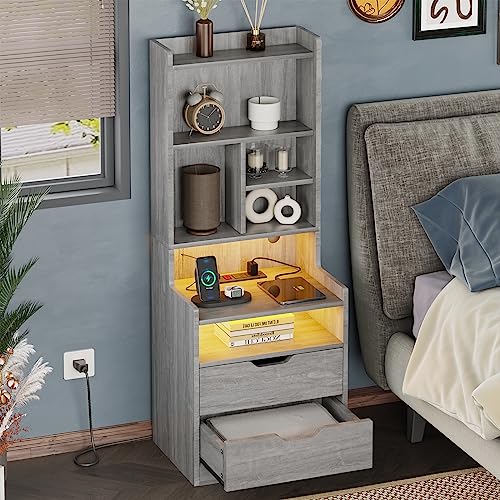 Stylish ADORNEVE Tall Night Stand with LED Lights, Charging Station, and Storage Drawers in Grey ADORNEVE