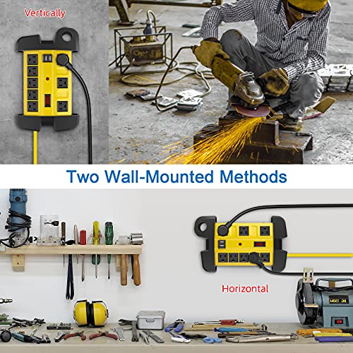 Heavy Duty Power Strip with USB, Workshop 8 Outlet Surge Protector 2700 Joules, Industrial Metal 15Amp Power Strip, 6FT Extension Cord and Wide Spaced. Yellow CCCEI