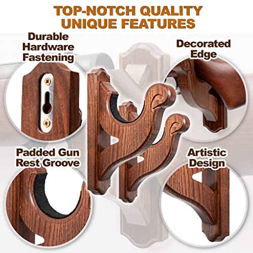 TESLYAR Gun Rack Wall Mount Hold Up Displays Horizontal Gun Rack and Shotgun Hooks Store Rifle Shotgun Bow Real Hardwood Hanger Brown - WoodArtSupply