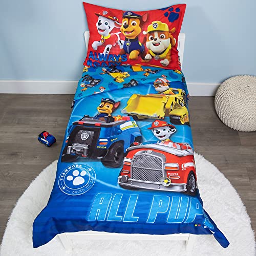 Paw Patrol Calling All Pups 4 Piece Toddler Bedding Set – Includes Comforter, Sheet Set – Fitted + Top Sheet + Reversible Pillowcase for Boys Bed, Blue Paw Patrol