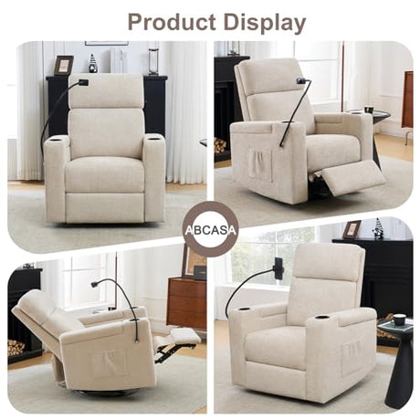 ABCASA Power Recliner Rocking Chair Nursery Glider, Swivel Reclining Nursery Rockers for Baby Room & Living Room, Chenille Chair with Phone Holder, USB/Type-C Ports, Arm Storage, Light Brown ABCASA