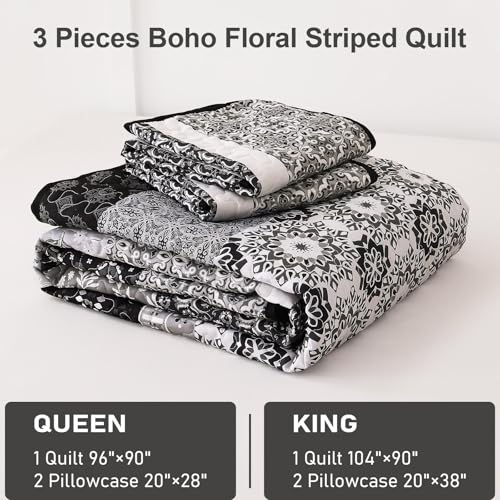 WONGS BEDDING Boho Quilt Set King, Bohemian Black Striped Patchwork Bedspread Coverlet Set with 2 Pillowcases,Lightweight Microfiber Floral Bedding Set 104"×90" WONGS BEDDING