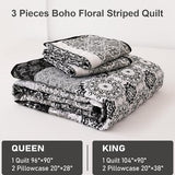 WONGS BEDDING Boho Quilt Set King, Bohemian Black Striped Patchwork Bedspread Coverlet Set with 2 Pillowcases,Lightweight Microfiber Floral Bedding Set 104"×90" WONGS BEDDING