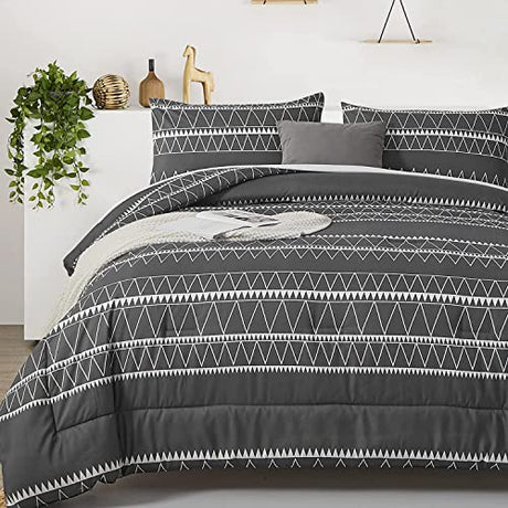 WONGS BEDDING Dark Grey Comforter Set California King, Reversible Boho Triangle Bedding Comforter Set for Cal King Bed 3 Pieces (1 Comforter + 2 Pillowcases), Microfiber Bedding Set 104"x 96" WONGS BEDDING