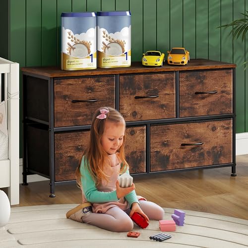 Horshod Dresser for Bedroom, 5 Storage Drawers, Wide Fabric Closet Chests Organizer Tower Furniture with Wooden Top Metal Frame for Clothes, Kids Room, Living Room, Hallway, Entryway Horshod