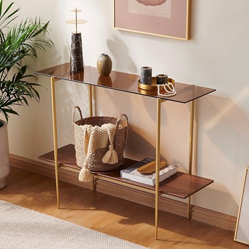 AGV 202401 2-Tier Glass Wood Console Table, Mid-Century Modern Style, Perfect for Living Room, Entryway, Foyer, D41×H31.5, Amber Glass Top & Walnut Wood Top & Gold Finish Metal Frame AGV LIGHTING