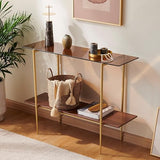 AGV 202401 2-Tier Glass Wood Console Table, Mid-Century Modern Style, Perfect for Living Room, Entryway, Foyer, D41×H31.5, Amber Glass Top & Walnut Wood Top & Gold Finish Metal Frame AGV LIGHTING