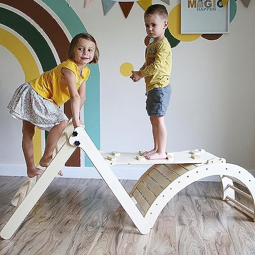 Wooden Climbing Toy for Kids Set - 4 in 1 Triangle Set with Ramp and Arch Climber, Toddlers Foldable Ladder, Safe and Sturdy for Rocking Arch, Climbing Ramp, Climbing Arch, Slide, and Climb Triangle