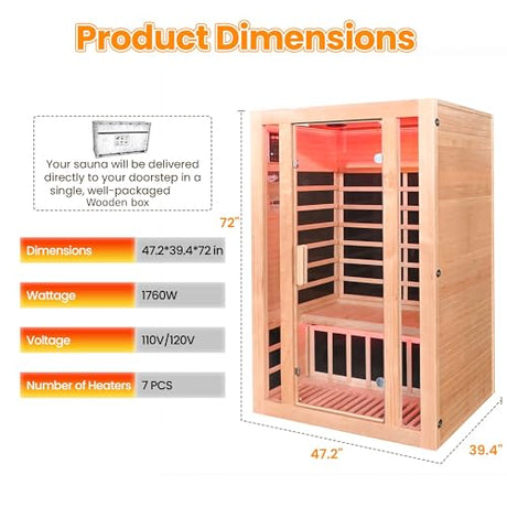 2 Person Infrared Sauna with Red Light Therapy, 1760W 120V Low EMF with Control Pane Home Indoor Dry Sauna Room for Gym & Spa, Made from Canadian Hemlock IWOODHOME