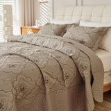 Cmfshape Floral Embroidery Quilt Set,3 Pieces King Quilt Bedding Set,Classic Diamond Pattern Quilts,Ultra Soft Lightweight Reversible Bedspread Coverlets for All Season(Taupe,102"x90") Cmfshape
