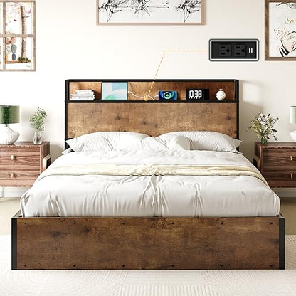 AMERLIFE Queen Size Lift Up Storage Bed Frame with Charging Station in Rustic Brown - WoodArtSupply