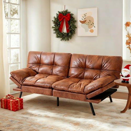 MUUEGM Convertible Memory Foam Sofa Bed with Adjustable Backrest & Armrest, Modern Futon Couch for Living Room, Office, Apartment, Space-Saving Design, Easy Assembly,Brown Leather MUUEGM