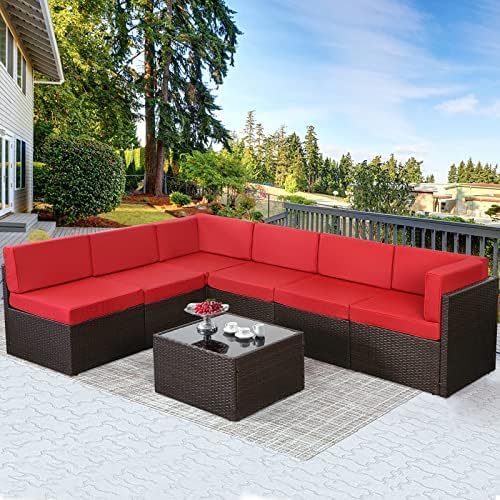 U-MAX 7 Piece Outdoor Patio Furniture Set with Extra 30 Inch Fire Pit Table, PE Rattan Wicker Sofa Set, Outdoor Sectional Furniture Chair Set with Cushions and Tea Table, Brown Rattan&Red Cushion U-MAX
