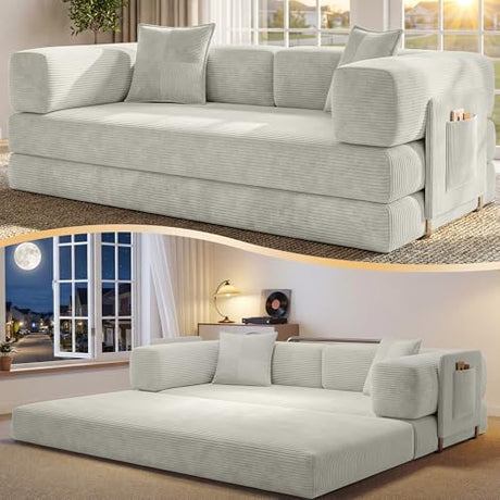 CUBENTE 78.8" Convertible Sofa Bed,Corduroy Futon Couch with Storage Pocket,Folding Pull Out Futon Sofa,No Assembly Boneless Couch for Living Room, White CUBENTE