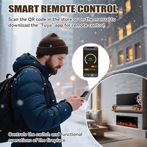 Tuan 60 Inch Electric Fireplace, APP Remote Control Compatible, Wall Mount or in Wall Recessed Fireplace Insert, Color Changing Flames& Embers, Indoor Fireplaces TUAN