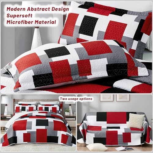 Tyrot 3 Piece Red Black Grey Quilt Set Full/Queen Size Christmas Red Geometric Reversible Bedding Set Microfiber Lightweight Bedspread Coverlet with 2 Shams Modern Bed Cover for All Season, 90''x96'' Tyrot