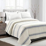 Lush Decor Farmhouse Stripe Kantha Pick Stitch Cotton Quilt/Coverlet Single Full/Queen, Navy - Striped Bedding Queen Quilt - Queen Blanket For Bed Lush Decor