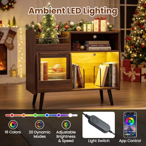 Giantex Large Record Player Stand with LED Light, Mid Century Modern Turntable Stand w/Sliding Door, Charging Station & Solid Wood Leg, Record Player Table, Vinyl Record Storage for Living Room, Walnut Giantex