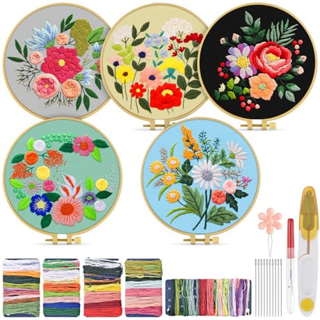 TINDTOP 5 Sets Embroidery Kit for Adults, Floral Embroidery Practice Kit for Beginners Include Embroidery Cloth Hoops Threads for Craft Lover Hand Stitch TINDTOP