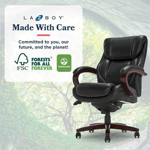 La-Z-Boy® Bellamy Executive Office Chair with Memory Foam Cushions, Real Wood Arms and Swivel Base, Waterfall Seat Edge, Faux Bonded Leather, Black La-Z-Boy