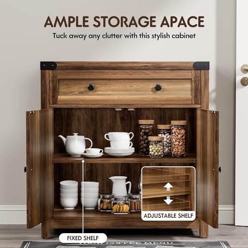 YESHOMY Coffee Bar Accent Cabinet, Farmhouse Barn Door Buffet Sideboard with Drawer and Adjustable Shelf, Wide Desktop for Kitchen, Dining Room, Bathroom, Entryway, Brown YESHOMY