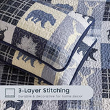 Wake In Cloud - Rustic Quilt Set, Cabin Lodge Christmas Bear Moose Deer Wildlife Western Patchwork Country, Reversible Lightweight Bedspread Coverlet, 3 Pieces, Blue Beige, King Size Wake In Cloud