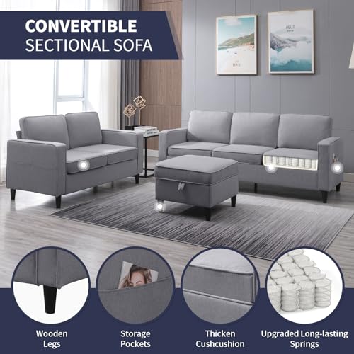 ijuicy 2PCS Sectional Sofa Set,3 Seat Couch & Loveseat Sofa with Side Pockets & Movable Storage Ottoman, Modern Convertible Upholstered Couches for Living Room,Office (3+2Seat/Light Grey) - WoodArtSupply