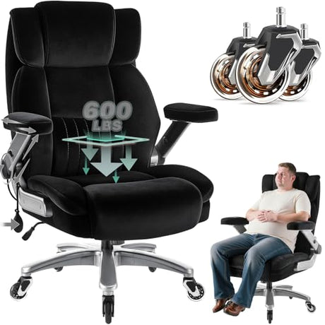 600LBS Fabric Big and Tall Executive Office Chair with 5D Flip Arms and Pocket Spring Cushion, Ergonomic Heavy Duty Desk Chair with Lumbar Support,High Back Cloth Computer Chair,Rubber Wheels Famsway