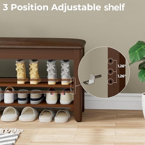 Homleke Shoe Rack Bench with Flip-Top Storage, Solid Wood Entryway Bench with Cushion, Adjustable Shelf, for Hallway, Mudroom, Closet – Walnut, 31.5" Homleke