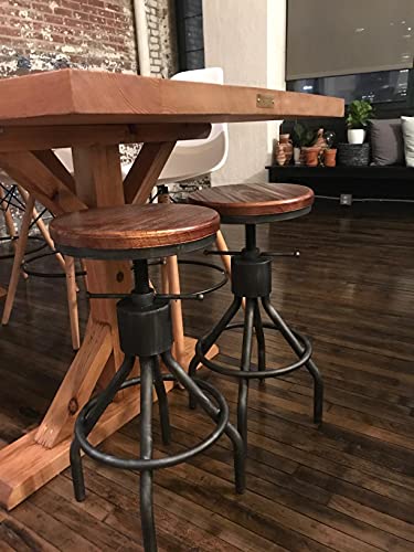 LOKKHAN Set of 2 Industrial Bar Stool-Vintage Adjustable Round Wood Metal Swivel Bar Stool-Cast Iron-23-30 Inch Tall Counter Bar Height Farmhouse Kitchen Stools - WoodArtSupply