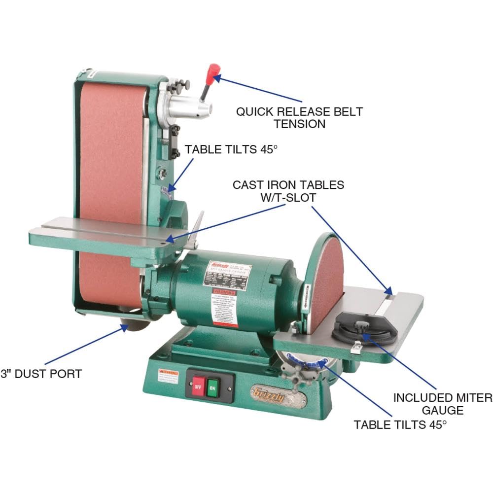 Grizzly Industrial G1183-6" x 48" Belt/12" Disc Combo Sander, 3450 RPM - WoodArtSupply