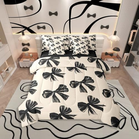 Erosebridal Bow Bed in A Bag with Sheets Black Bow Tie Bedding Set for Kids Teen Adults Room Decor,Watercolor Bowknot Full Comforter Set 7 Piece Black White Simple Decor Sheet Set with Comforter Erosebridal