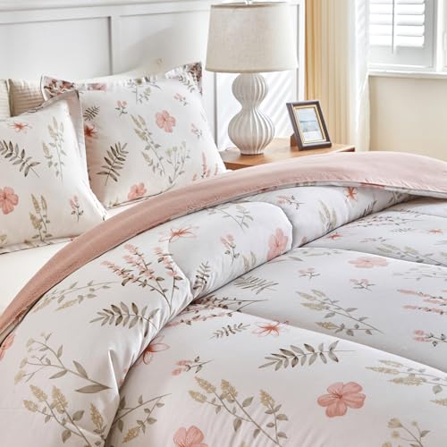 Joyreap 3pcs Floral Cotton Comforter Set for Girls, Pink Flowers n Leaves Botanical Design, Queen Size Soft n Cozy Bedding Comforter Set for All Season- 88x88 inches Joyreap