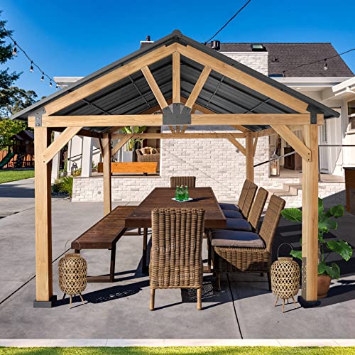 Meetleisure Wood Gazebo 13' x 11' Wood Patio Gazebo Cedar Framed Gazebo with Steel Frame Gable Roof Hardtop Gazebo for Patio Garden Lawn Backyard - WoodArtSupply