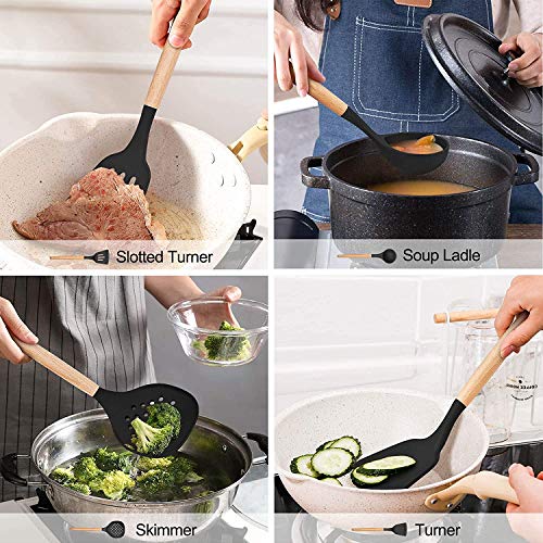 LIANYU 15-Piece Kitchen Silicone Cooking Utensils Set with Holder, Wooden Handle Kitchen Tools Include Spatula Tong Slotted Spoon Turner Whisk Brush, Black LIANYU