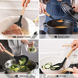 LIANYU 15-Piece Kitchen Silicone Cooking Utensils Set with Holder, Wooden Handle Kitchen Tools Include Spatula Tong Slotted Spoon Turner Whisk Brush, Black LIANYU