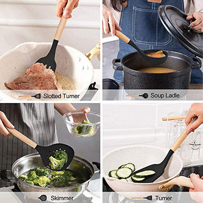 LIANYU 15-Piece Kitchen Silicone Cooking Utensils Set with Holder, Wooden Handle Kitchen Tools Include Spatula Tong Slotted Spoon Turner Whisk Brush, Black - WoodArtSupply