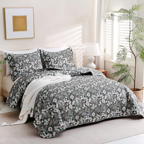 JSD Black Paisley Floral Quilt Set Twin Size, 2 Piece Printed Bedspreads Coverlet with Pillow Sham, Soft Microfiber Quilted Blanket JSD