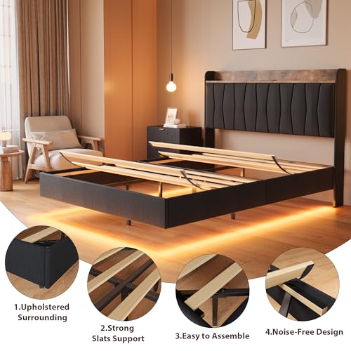 GarveeHome Floating Bed Frame Full with LED Lights & USB Charging Station – Modern Upholstered Platform Bed with Headboard, Solid Wood Slats Support, No Box Spring, Easy Assembly, Noise-Free, Black GarveeHome