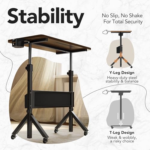 HUANUO Rolling Standing Desk Adjustable Height, Mobile Stand Up Desk for Walking Pad and Treadmill, Portable Computer Table with Wheels, 31.5"x15.75" Height 28.7"-46.1", Walnut HUANUO